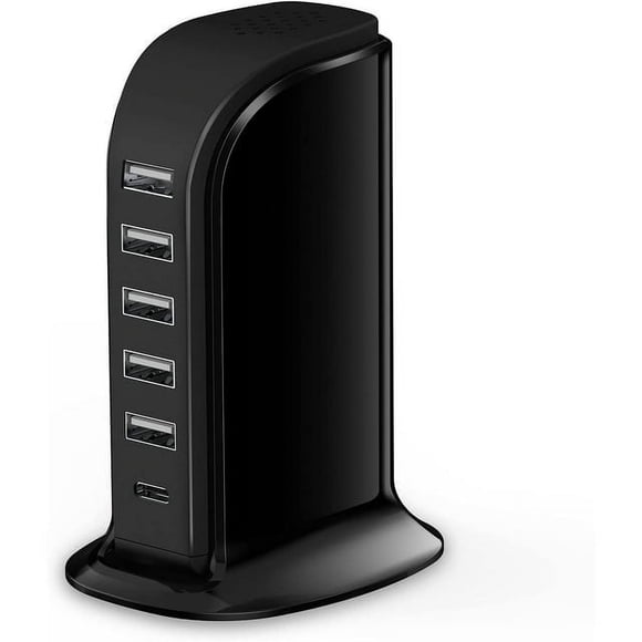Charger Block 6 in 1 , 40W USB C Charger 3A, Charging Hub with 5 USB Ports(Shared 6A) for Multiple Electronics, USB Charging Station Multiports, Universal Desktop Phone Charger Travel Ready, Black