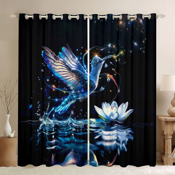 Homewish 3D Blue Hummingbird Black Out Curtains, Lake Lotus Flower Curtains Pack of 2 (42x63 Each), Dreamy Glitter Stars Galaxy Bedroom Curtains, Living Room Curtains Decor