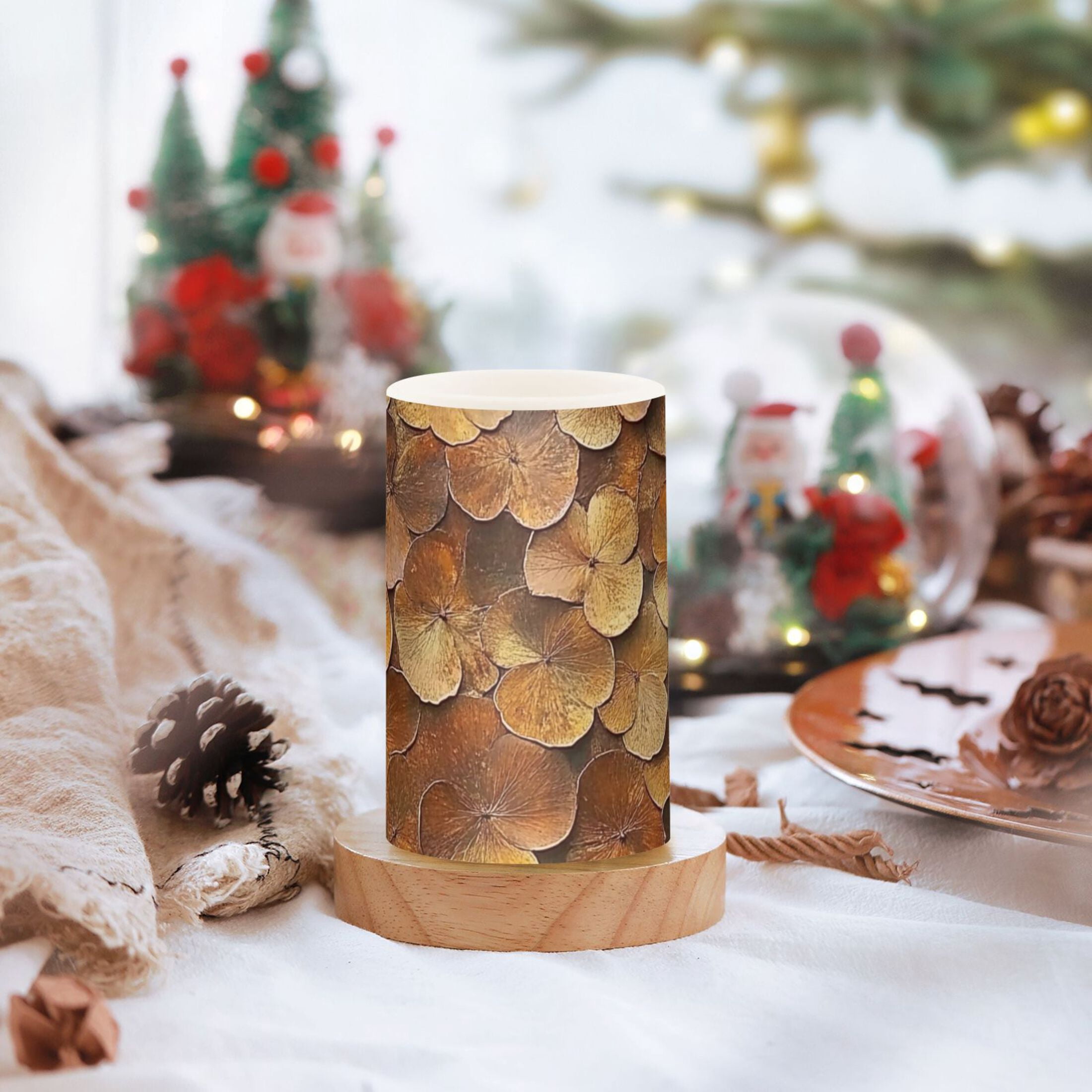 Brown Three Leaf Flickering Flameless Candles Battery Operated with Remote Timer LED Pillar Candles Set of 2