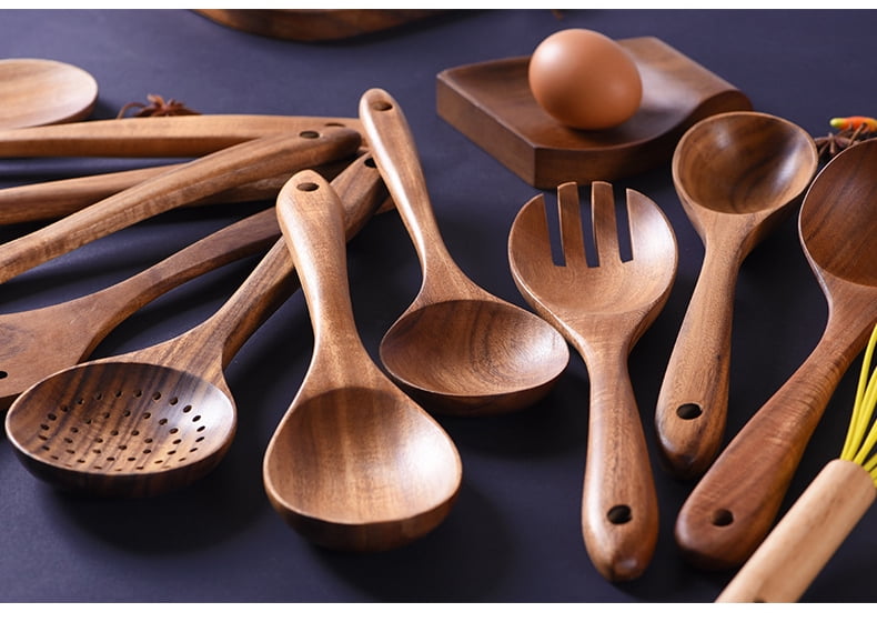 Wooden Kitchen Utensils Set, 10-Piece Natural Wood Cooking Spoons for Non-Stick Cookware
