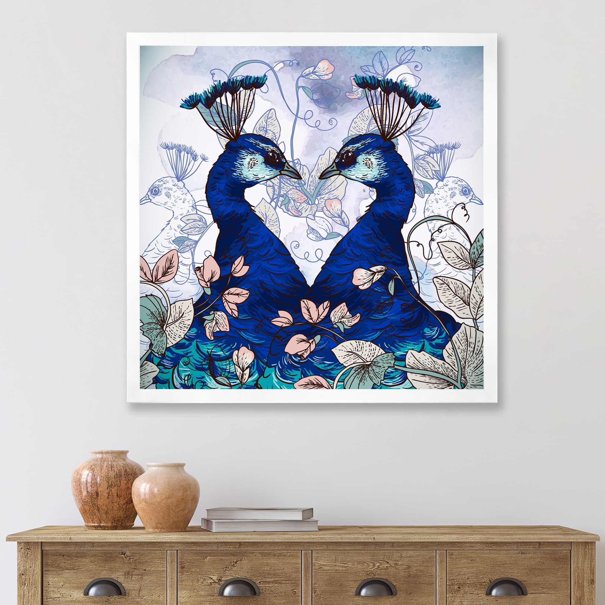 Designart 'Wildflowers With Two Blue Peacocks' Traditional Framed Art Print