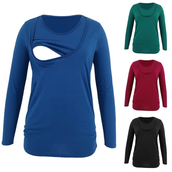 Hinvhai Maternity Long Sleeve Nursing Tops T-Shirt,Casual Classic Soft Cotton Long Sleeve Solid Color Round Neck Breastfeeding Tops Wine 10(XL)