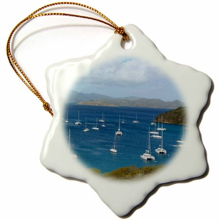 3dRose Caribbean, BVI, Norman Island. Sailboats at anchor in The Bight., Snowflake Ornament, Porcelain,