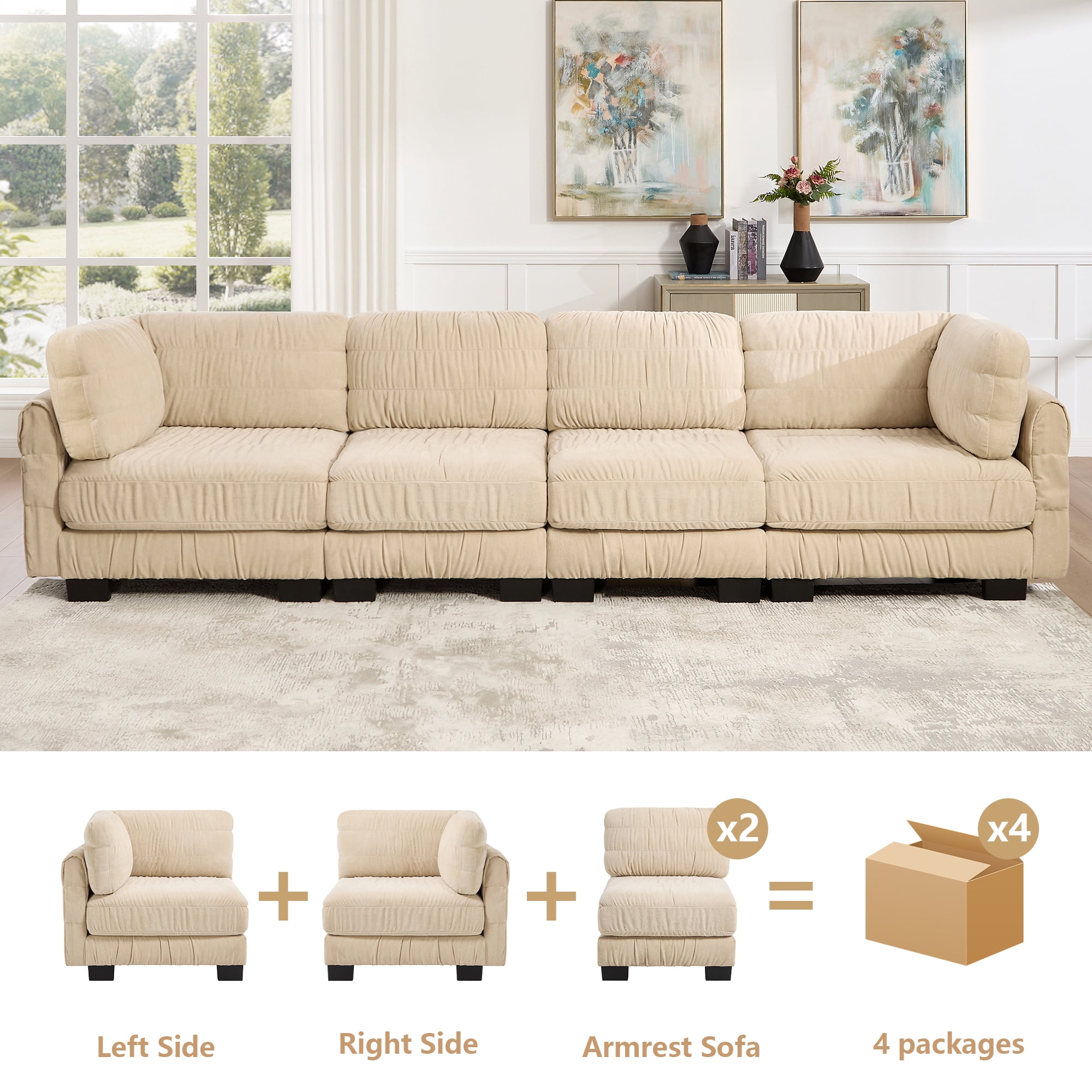 140" 4 Seat Ruched Chenille Modular Sectional Sofa with L Shape Back Cushions,Easy Assembly