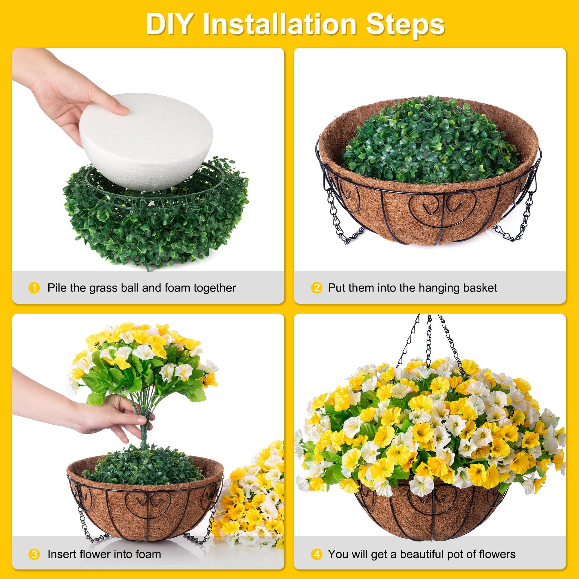 Artificial Hanging Flowers in 12 inch Basket,Morning Glories Fake Plants Patio Garden Porch Deck Decor