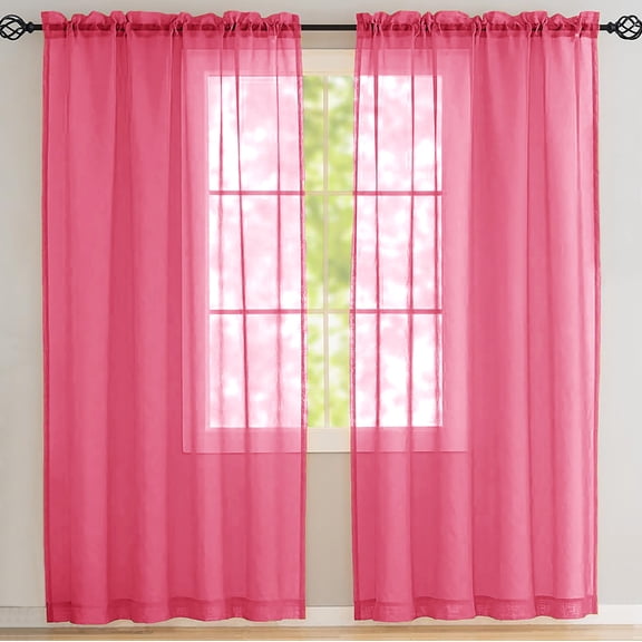 Hot Pink Sheer Window Rod Pocket Curtain Set - 84" Inches Long (2 Panels)