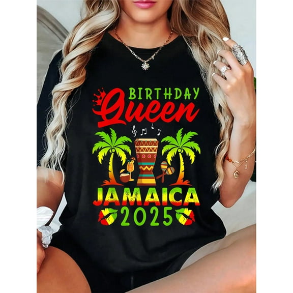 100% Cotton Jamaica Birthday Queen 2025 Girls Trip Vacation Party T-Shirt