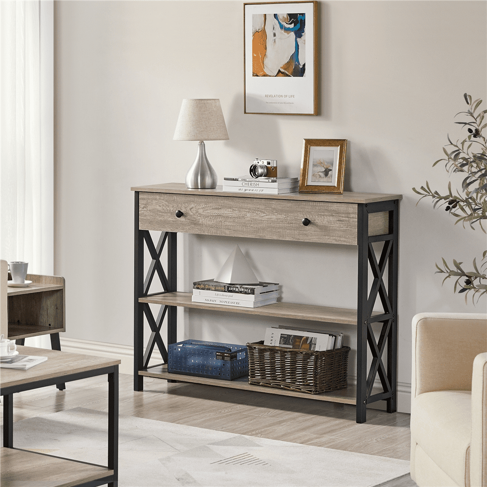 Renwick Vintage Wooden Console Table with 1 Drawer and 2 Open Shelves for Livingroom, Gray