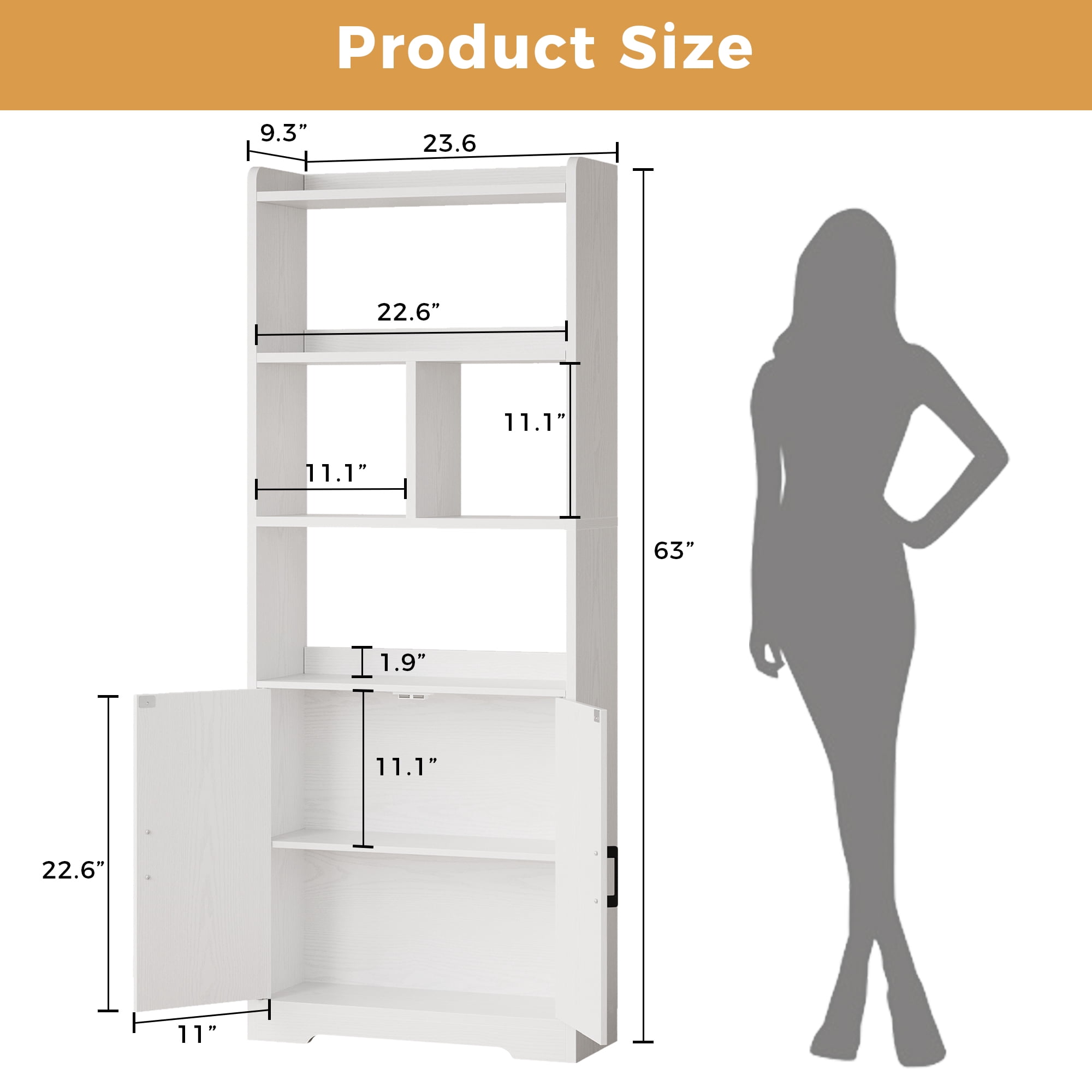 LIKIMIO 63" Tall Bookcase with Doors, Wood Bookshelf Open Display Shelf for Living Room Home Office, White