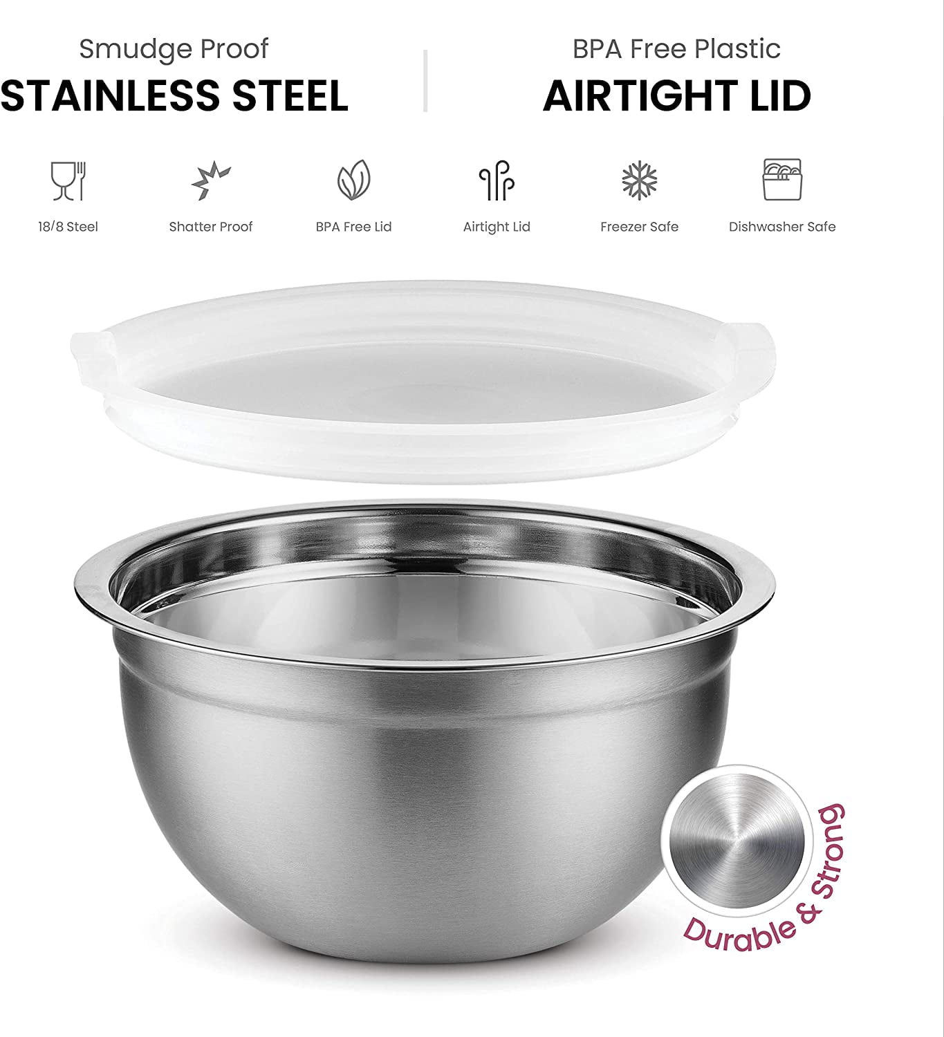 Nesting Storage Bowls Polished Mirror Finish for Healthy Meal Mixing Cooking Supplies 1.5-2.6-3.4-4.2-7.1QT Stainless Steel Mixing Bowls with Lids by SONGNO Set of 5 