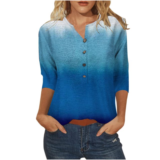 Hauts d'Été pour Femmes Col Rond Imprimé Boutons Manches 3/4 T-Shirts Décontractés Coupe Ample Blouses de Sortie