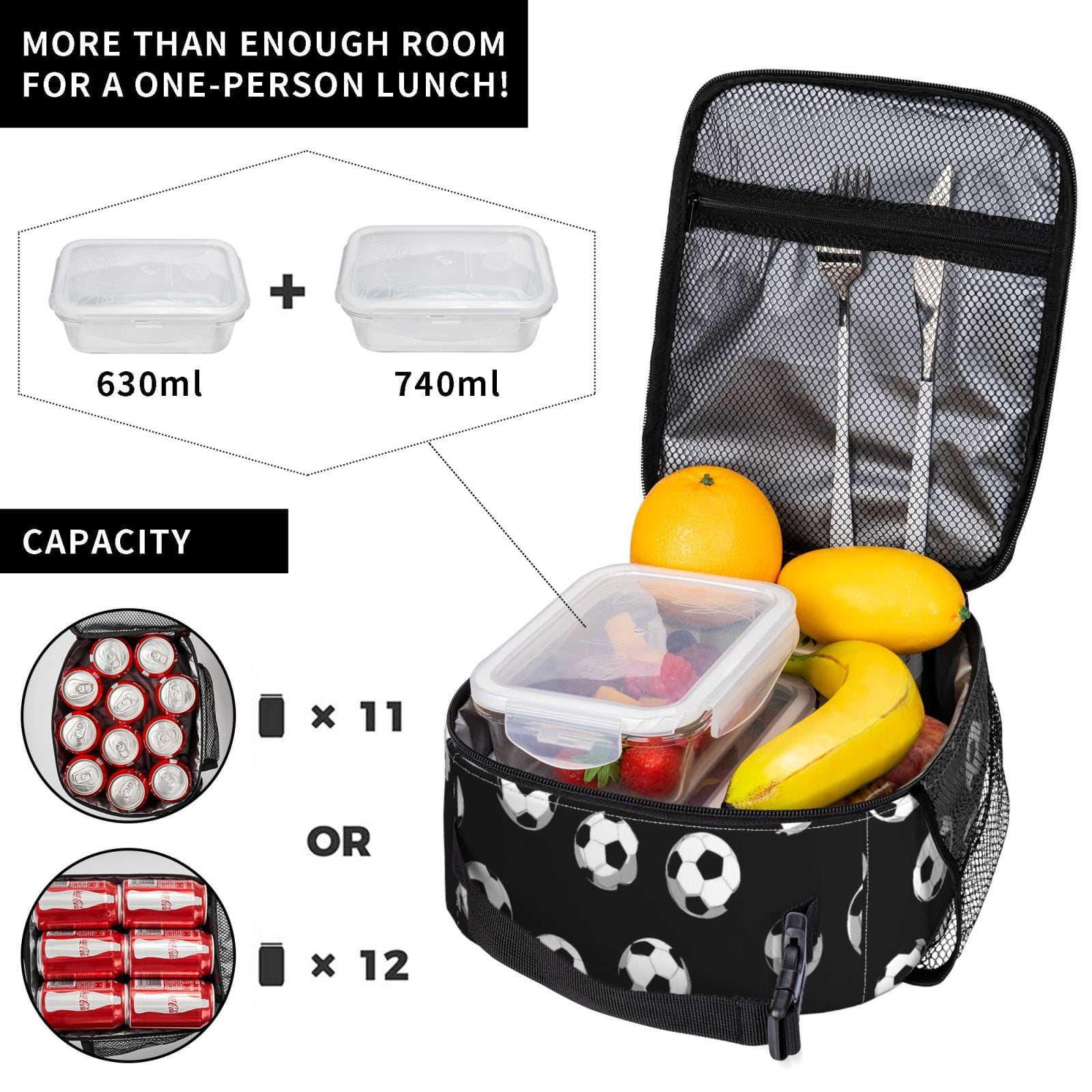 Lunch Bag For Women Men Insulated Portable Lunch Box Bento Box Office Picnic Travel Cooler Bag Seamless Pattern Soccer Football