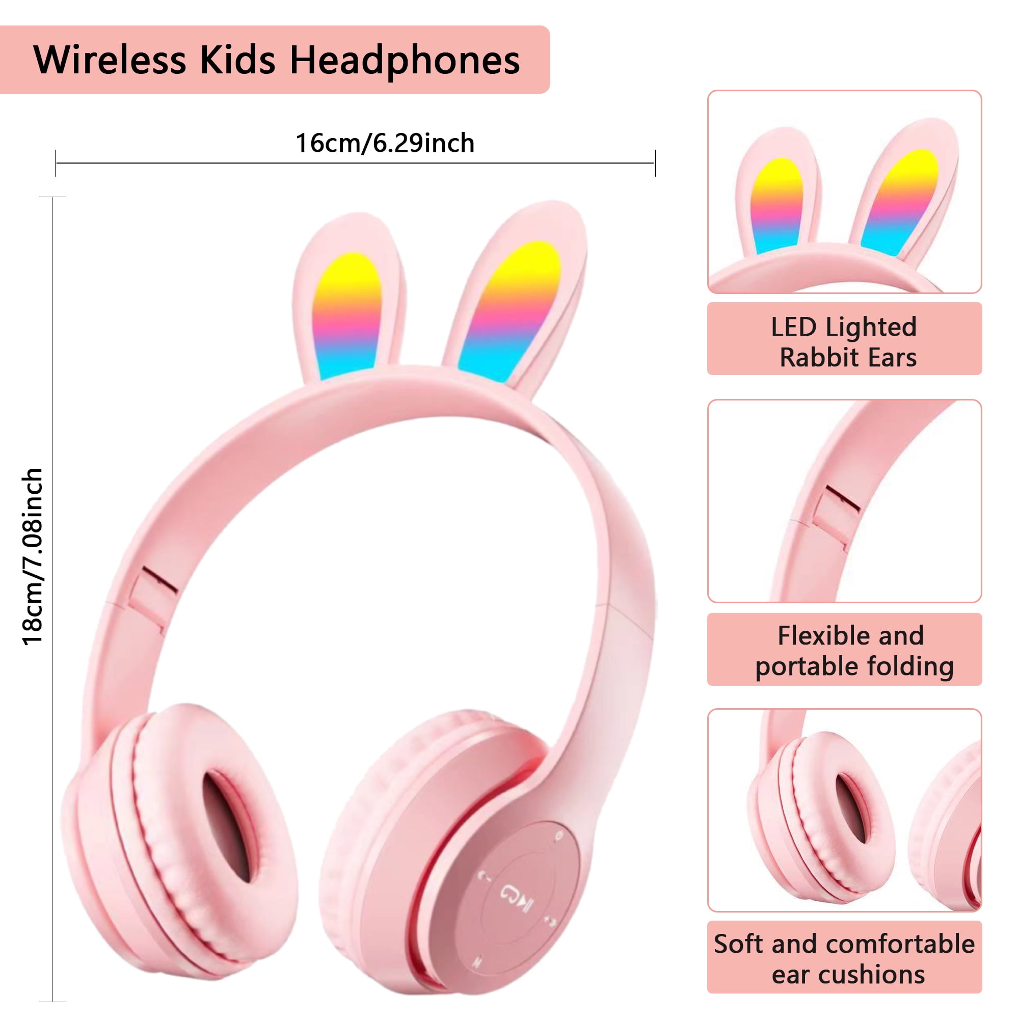 2Packs Rabbit Ear Kids Wireless Headphones with Microphone,Headphones for Girls Boys for School,Volume Limiter,Teens Toddlers Wireless Headphones,for Mobile Phones/Tablet/PC,Pink&Black