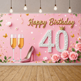 thumbnail image 6 of Pink Theme Happy 40th Birthday Banner Gold Glitter Women's Birthday Display Floral Design Butterfly Accents Pink Party Backdrop for 40th Birthday Party Women's Celebration Indoor Party Decoration, 6 of 9