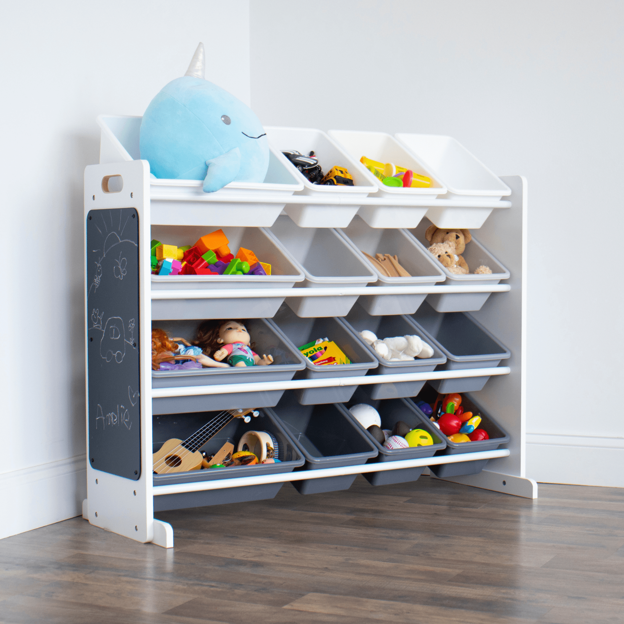 Humble Crew Storage Organizer with 16 Plastic Bins for Kids & Toddlers, White/Grey/Chalkboard