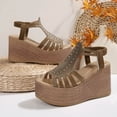 thumbnail image 5 of Wedges Heels for Women Open Toe Platform Fisherman Gladiator Sandals Glitter Rhinestone Elastic Ankle Strap Pumps Shoes Khaki Size 7.5, 5 of 7