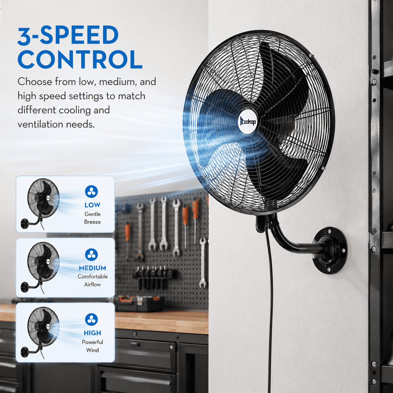 Alvantor 18-Inch Wall Mount Fan, 3-Speed Oscillating Fan, 4592 CFM, 110V, Black