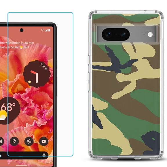 Slim-Fit Gel TPU Phone Case for Google Pixel 7, with Tempered Glass Screen Protector, by OneToughShield ® - Camo Green