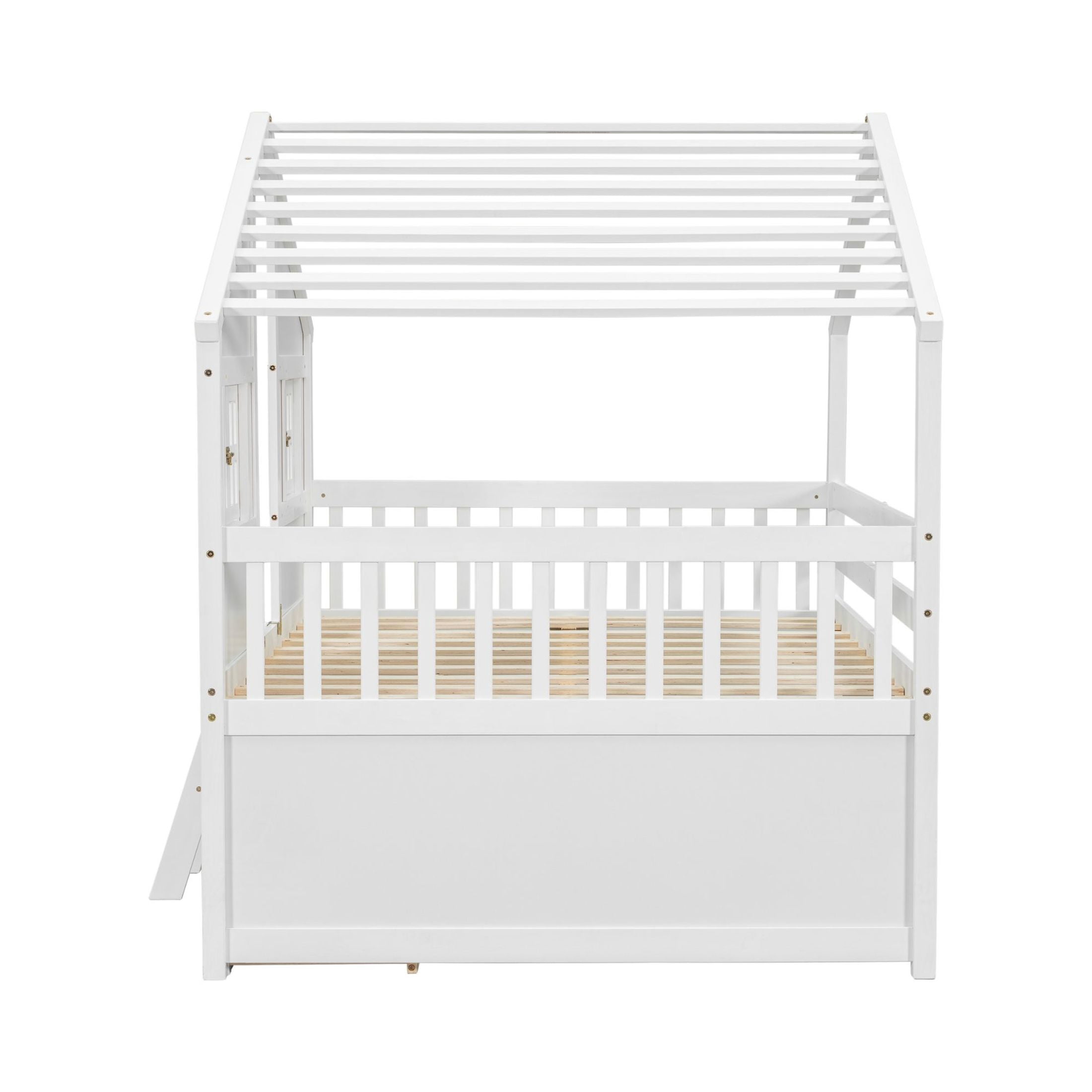 Noble House Full Size House Loft Bed, Pine Wood Frame with Roof, Windows, Ladder, and Storage Drawers, White