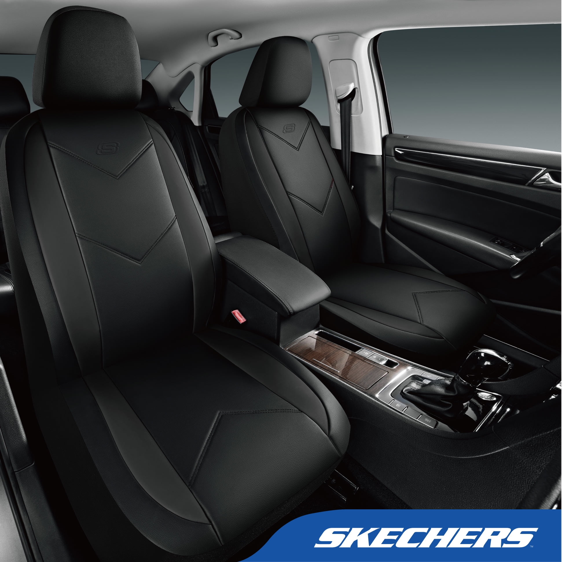 Skechers Sport Leather Car Seat Cover – Front Seat Premium Comfort, Breathable Design, Universal Fit for Cars, SUVs, and Trucks - Black