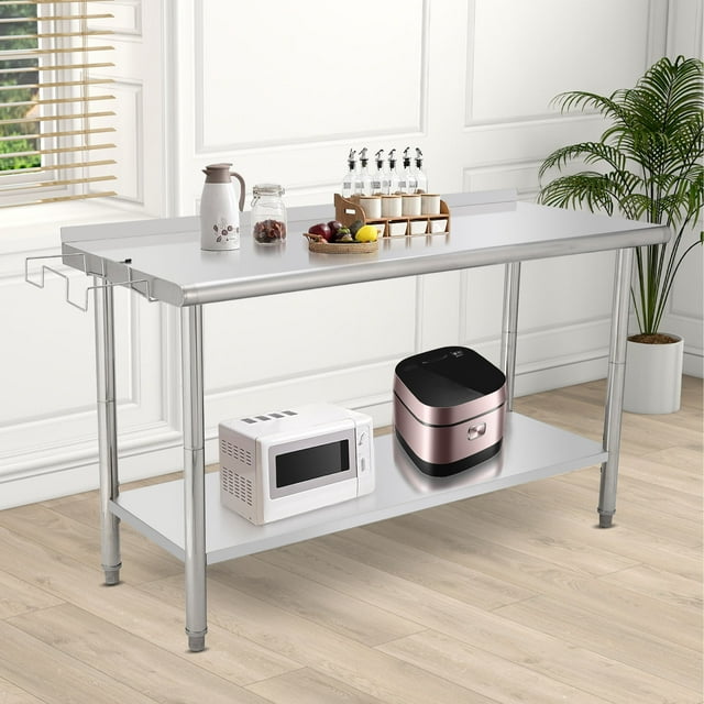 GloryStar Table de Préparation et de Travail en Acier Inoxydable, Table Utilitaire Commerciale Robuste avec Tablette Inférieure Réglable et Crochets à Outils pour Cuisine, Entrepôt, Garage et Jardin