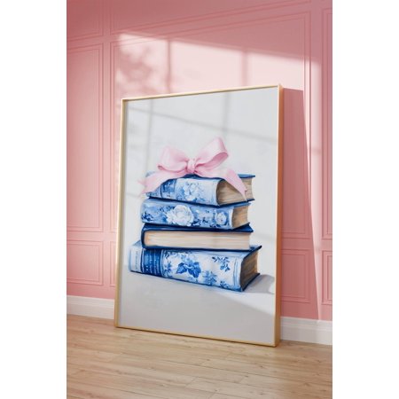 Blue Floral Chinoiserie Book Print, Minimalist Bookish Wall Art, Pink Coquette Decor, Library Poster, Office Home Decor #2873, Unframed Poster Size 8x12