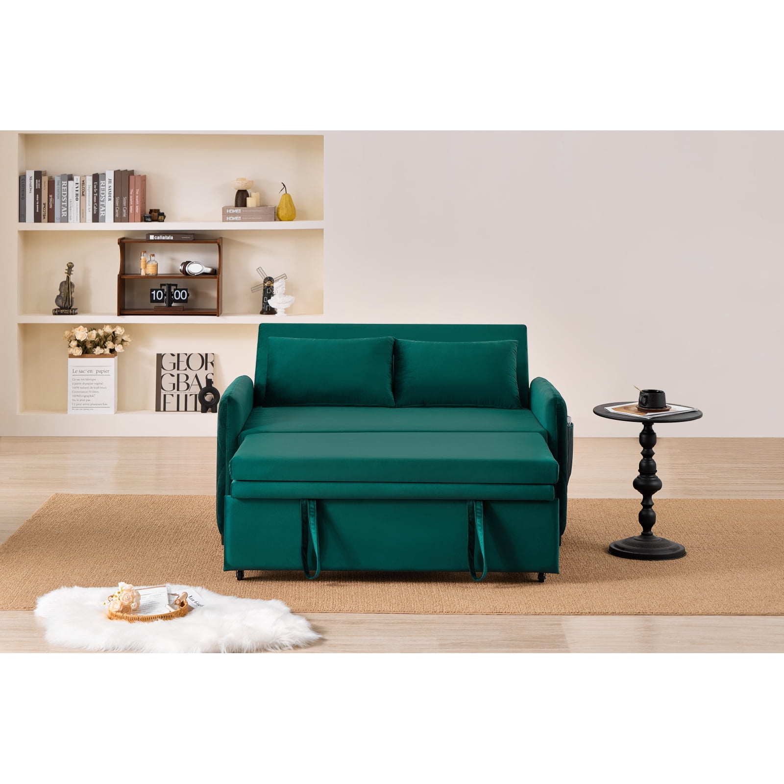 Leumius 3 in 1 Convertible Sleeper Sofa Bed, Modern Convertible Sofa Bed with 5-Position Adjustable Backrest,Velvet Pull Out Couch with Pull Out Bed for Living Room Furniture,Green