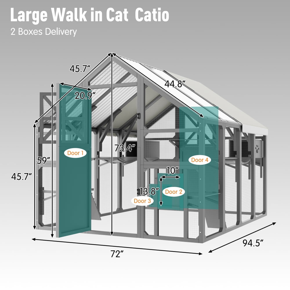 AUU Extra Large Walk-In Catio for Multiple Cats, Outdoor Cat Enclosure with Bridges, PVC Roof, Weatherproof Cover, 8 Platforms, and 2 Resting Boxes