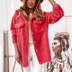 thumbnail image 2 of Chaqueta de Felpa para Mujer Solapa con Botones Solo Pecho Color Puro 2 Bolsillos en el Pecho Chaqueta de Abrigo cálida para Mujer para otoño Invierno Sandía Rojo S, 2 of 6