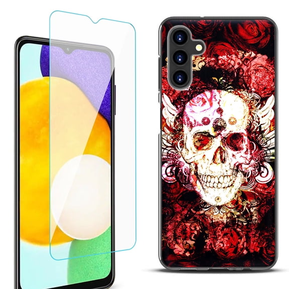Slim-Fit Protective Fashion Phone Case (Black) for Samsung Galaxy A13 5G, with Tempered Glass Screen Protector, by OneToughShield ® - Rose Skull