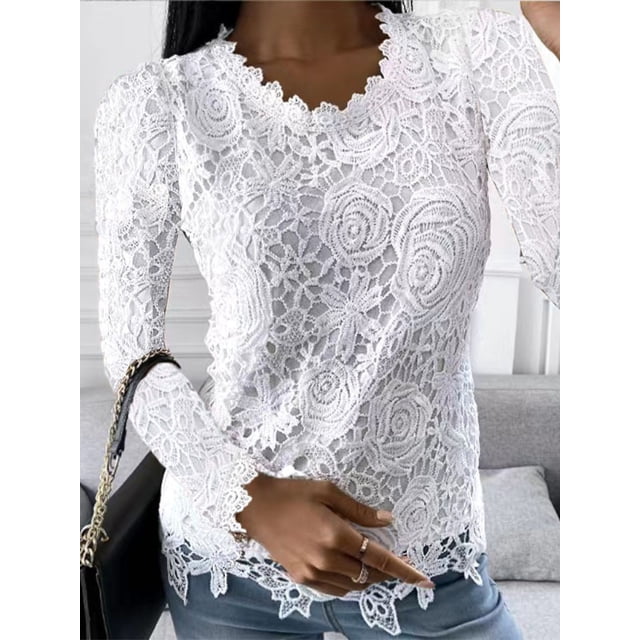 Blusa de manga larga con cuello redondo para mujer, camisa Sexy de retales de encaje blanco, Top de malla, camisas elegantes ahuecadas, rosa, primavera 2024