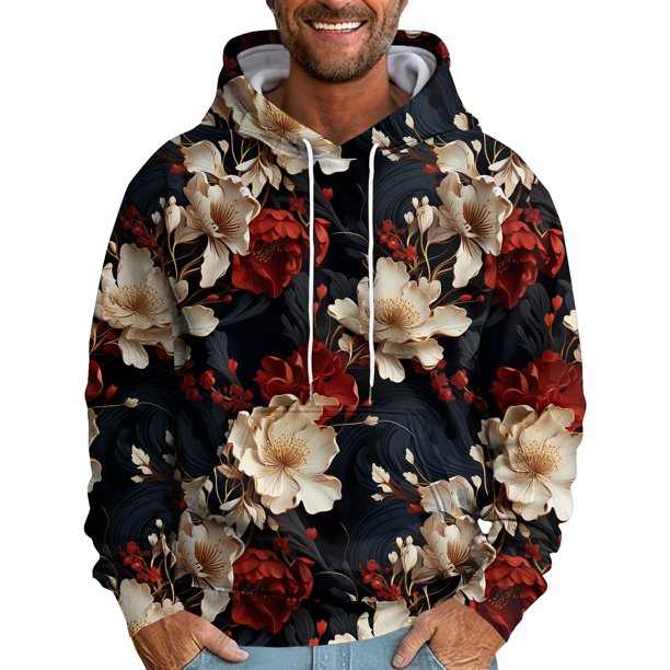 Men's Loose Flowers Printed Hooded Sweatshirt Men's Casual Fashion Sports Sweatshirt4XL