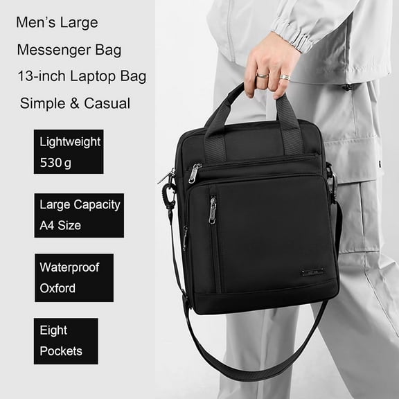 Men's Waterproof Oxford Laptop Messenger Bag with Large Capacity for Work and Travel - Black