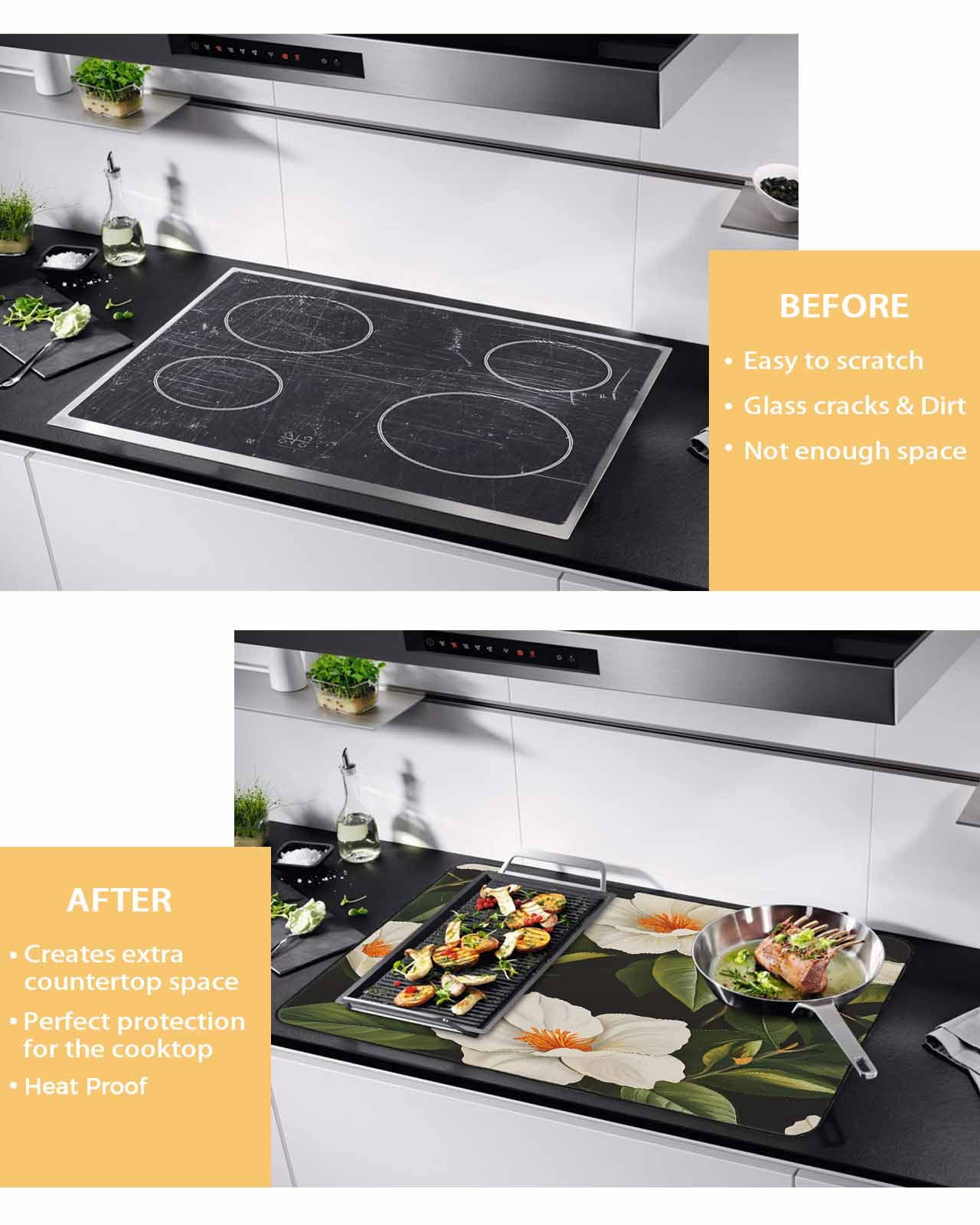 nqOlkjepod Large Induction Cooktop Protector Mat 24"x21", Flower Floral Stove Top Covers for Electric Stove, Modern Summer Plant Green Palm Leaves Stove Burner Cover Mats, Glass Top Stove Cover