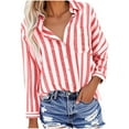 thumbnail image 3 of Qulqfy Women Button Down Shirts Red Short Sleeve Cotton Linen Striped Shirts Lapel Womens Summer Blouses 2XL, 3 of 6