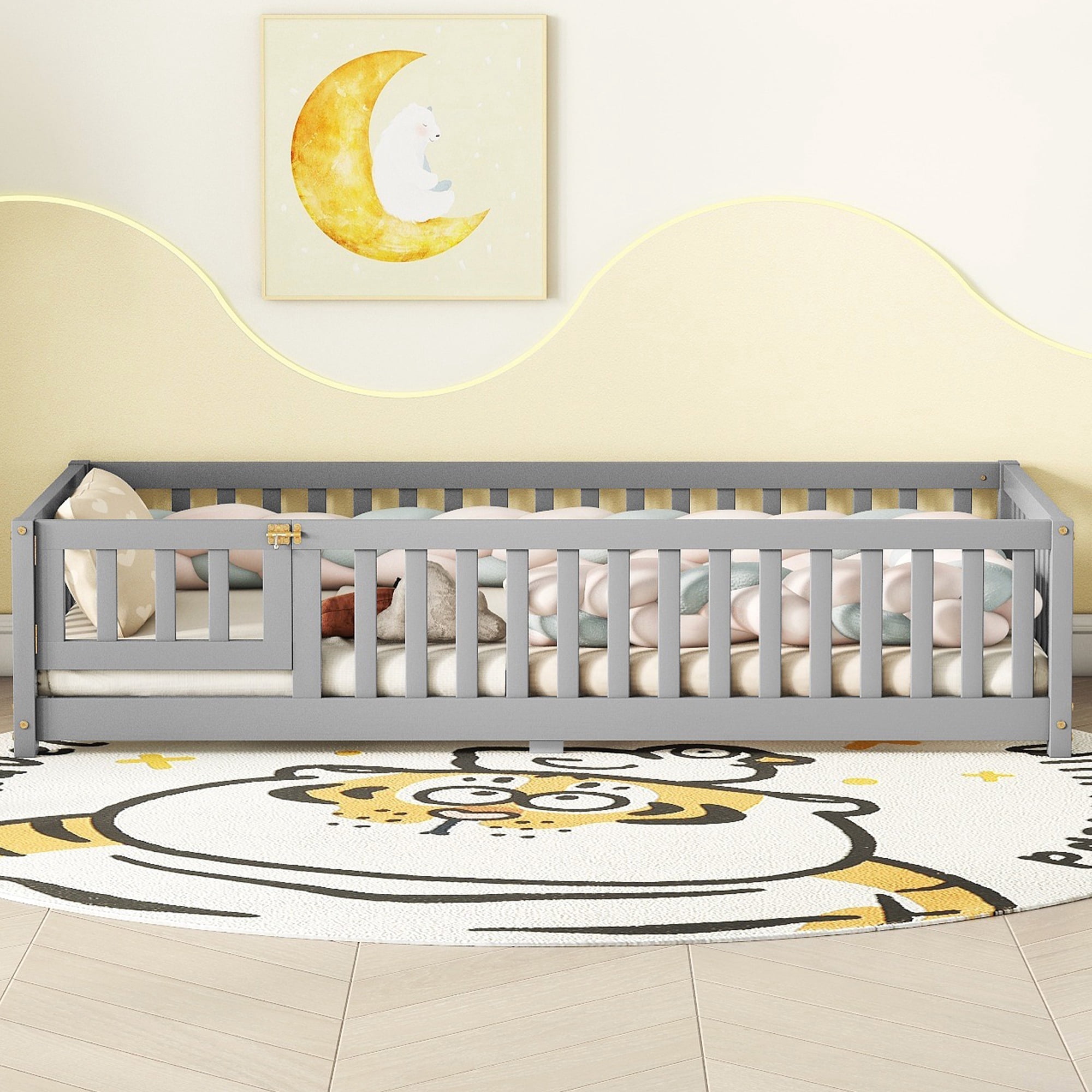 Floor Bed with Safety Rails & Fun Door, Low Profile Bed, Gray Solid Pine Wood, Easy Assembly,Twin Size