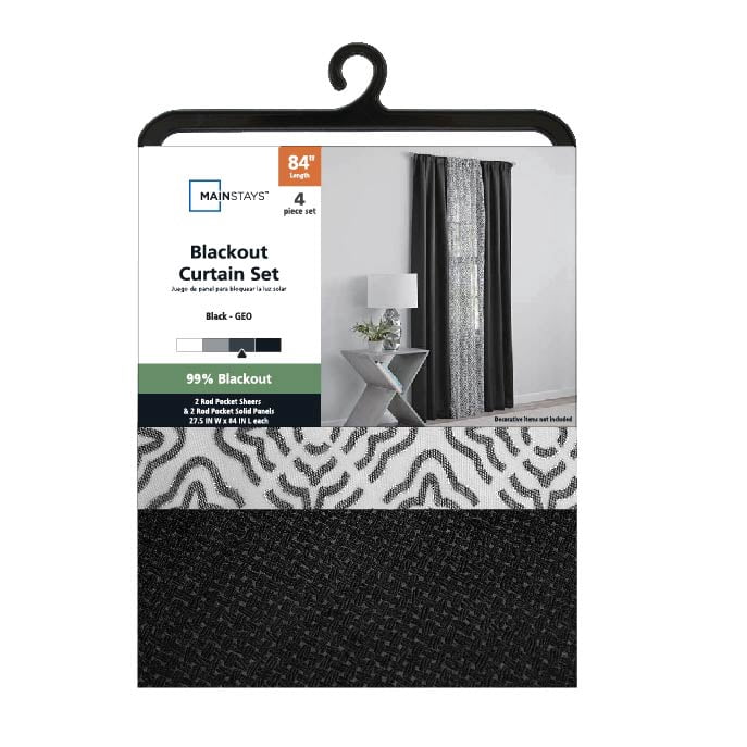 (2 pack) Mainstays Metallic Blackout Curtains and Sheers Set, 4 Panels, Black, 27.5" W x 84” L