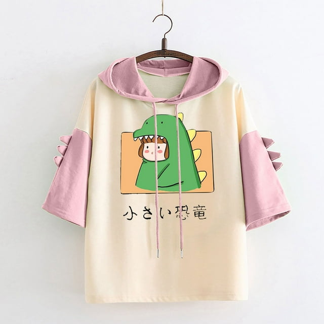 Chemise Décontractée pour Femmes avec Motif Animal Dinosaure Mignon, à Capuche, Manches Courtes