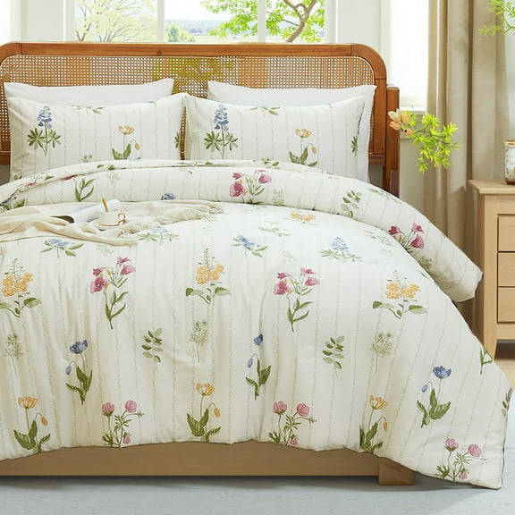 100% Cotton Comforter Set Queen Size, Botanical Floral Comforter with 2 Pillowcases, Vintage Garden Flowers Pattern, Soft Breathable Bedding for All Seasons
