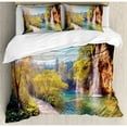 thumbnail image 3 of Nature Duvet Cover Set Queen Size, Idyllic Lake with Waterfall Flowing down the Hills in National Park Autumn Scenery, Decorative 3 Piece Bedding Set with 2 Pillow Shams, Multicolor, by Ambesonne, 3 of 3