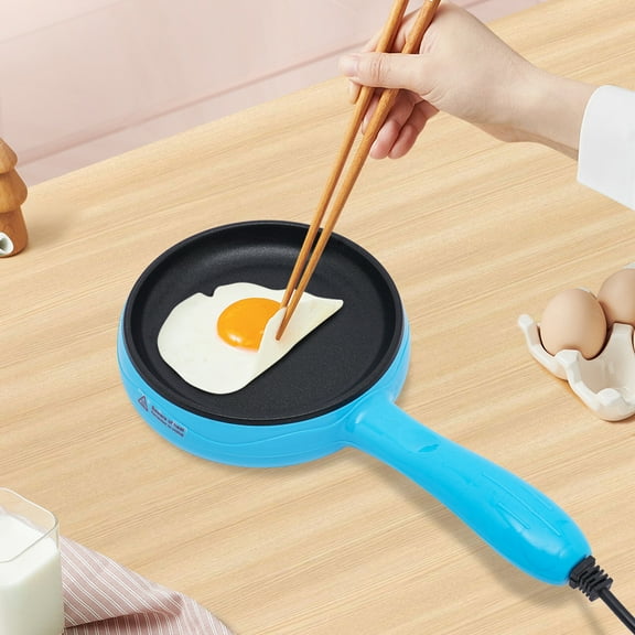 450W Electric Skillet, Blue, Non-Stick, Mini Frying Pan with Wooden Spatula for Frying Eggs, Dumplings, Bacon, Sausage, and Ham 110V