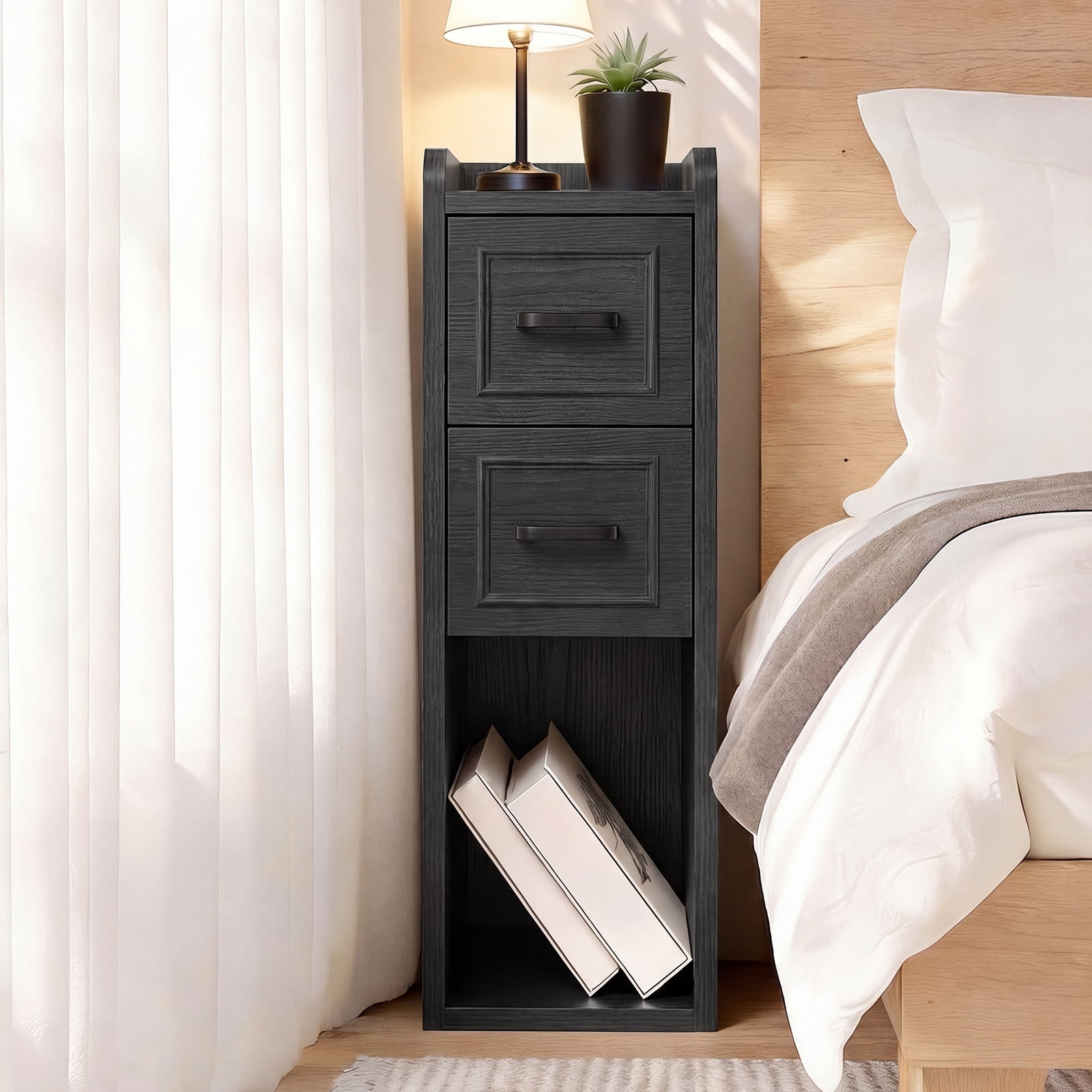 BERRY NEST Narrow Black Nightstand, Wood Slim Bedside Tables for Small Bedroom, Modern End Table with Drawers, Perfect for Apartments, Rente