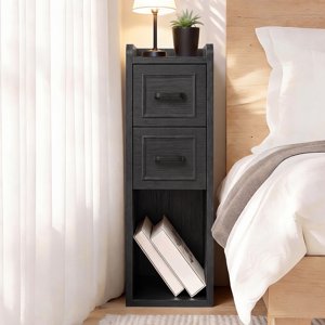 BERRY NEST Table de chevet noir Narrow, Tables de chene mince en bois pour petite chambre, Table de fin moderne avec tiroirs, Parfait pour les appartements, Rente