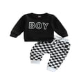 thumbnail image 1 of Newborn Boy 2Pcs Outfits  Letter Pattern Long Sleeve  Neck Tops + Checkerboard Printed Loose Fit Trousers, 1 of 7