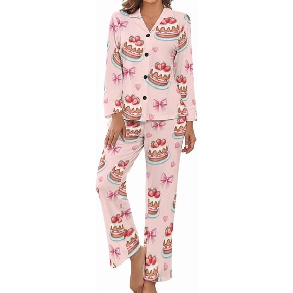 Top-kevin Strawberry Cake Hearts Bow Women's Long-Sleeve Shirt And Full-Length Bottom Pajama Set