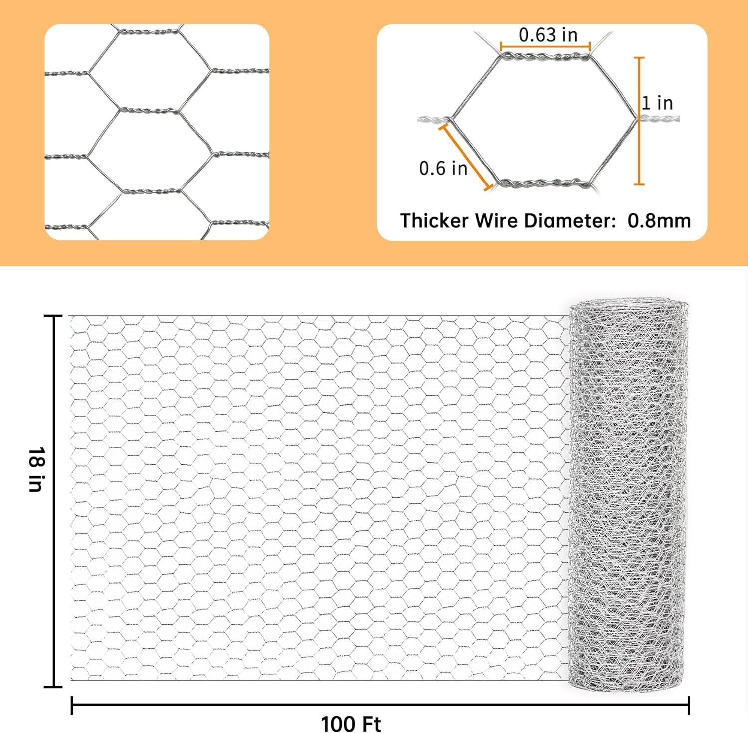 WJSP Silver Chicken Wire 18inx100ft Hexagonal Galvanized Metal Garden Netting Anti Rust for Floral Crafts Plant Protector Pet Fencing Use