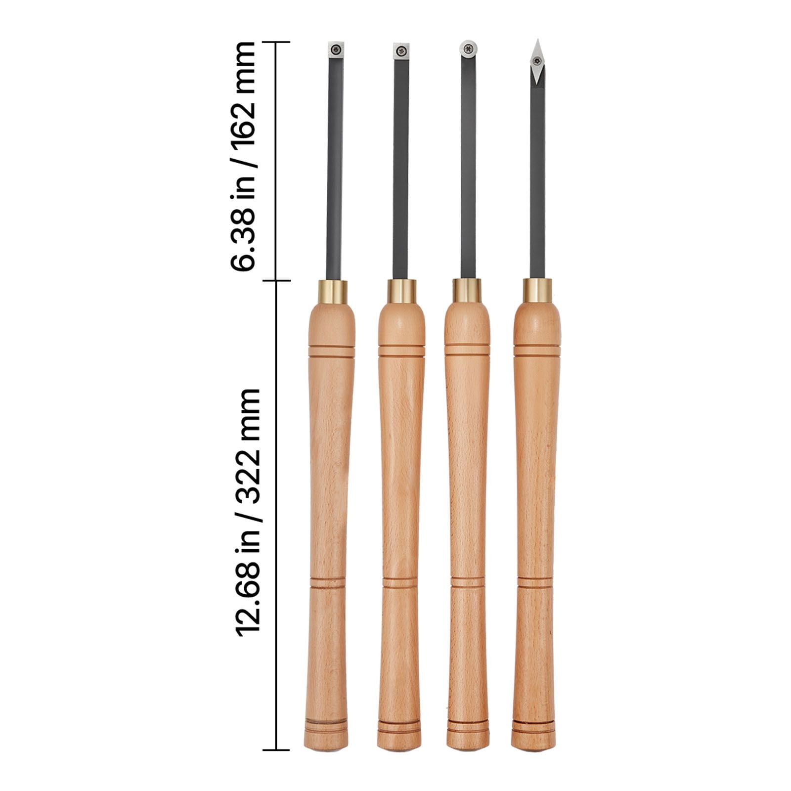 Wood Lathe Chisel Set 4-Piece Carbide Replaceable Blades Diamond/Round/Square with Wooden Box for Woodworking