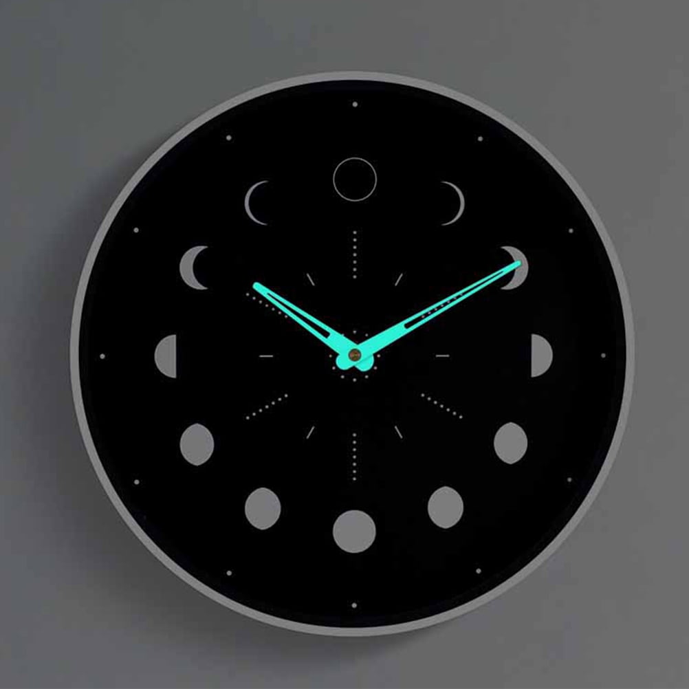 BESTYASH Luminous Moon Phase Wall Clock, round Black Wood Glass Silent Decor
