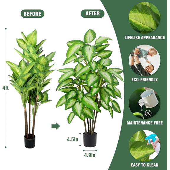 Artificial Golden Dieffenbachia 4ft Tall Indoor Decorative Silk Plant Potted Faux Tropical Tree Lifelike House Floor Large Fake Tree for Home Living Room