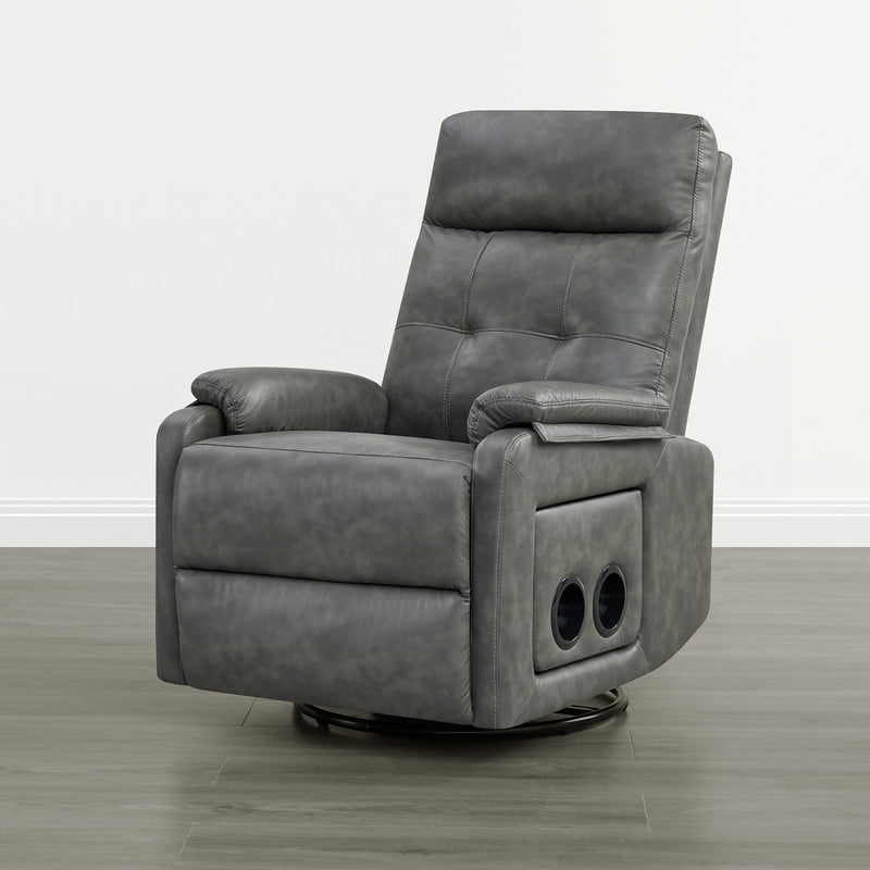 Spruce & Spring Manual Swivel Recliner Chair with Storage Pocket & Cup Holders for Living Room & Bedroom, Gray Faux Leather